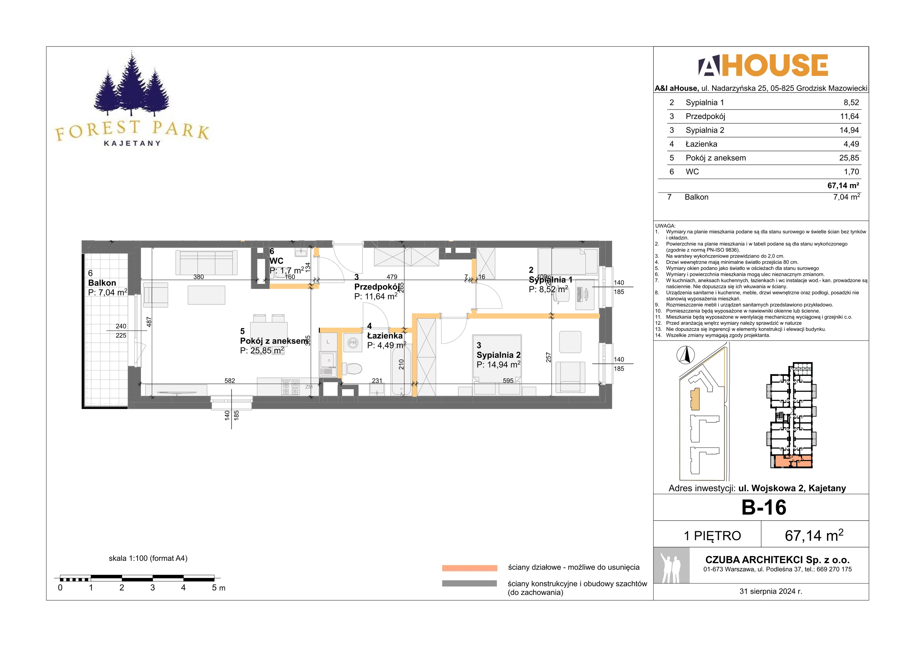 3 pokoje, mieszkanie 67,14 m², piętro 1, oferta nr B-16, Forest Park Kajetany, Kajetany, ul. Wojskowa 2